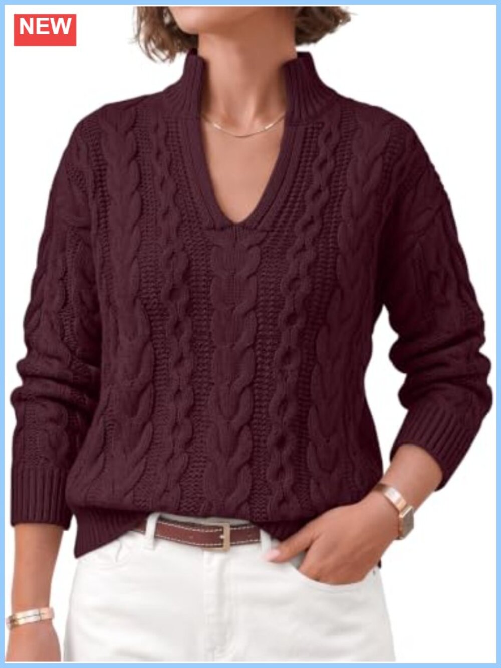 Women's Split Mock Neck Cable Knit Pullover Sweater Long Sleeve